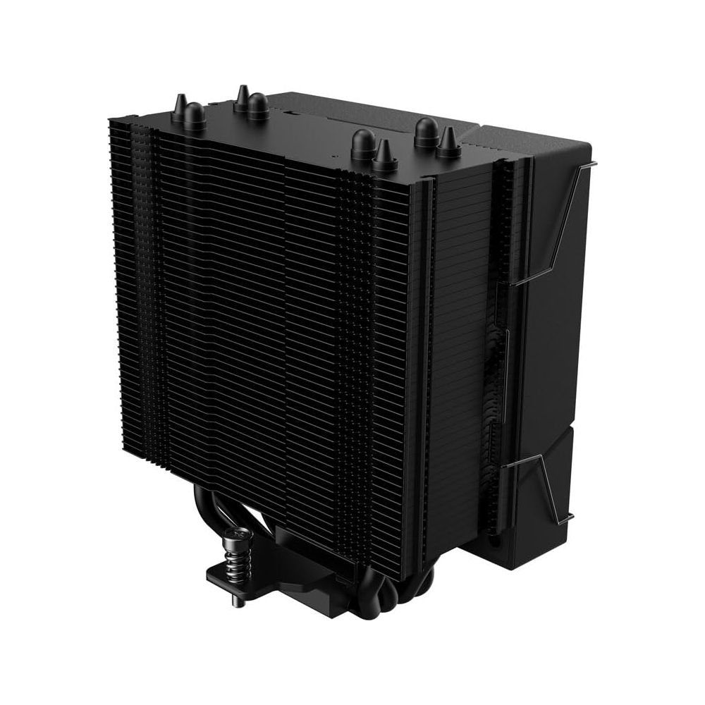 Black computer CPU cooler with a large fin array and heat pipes.