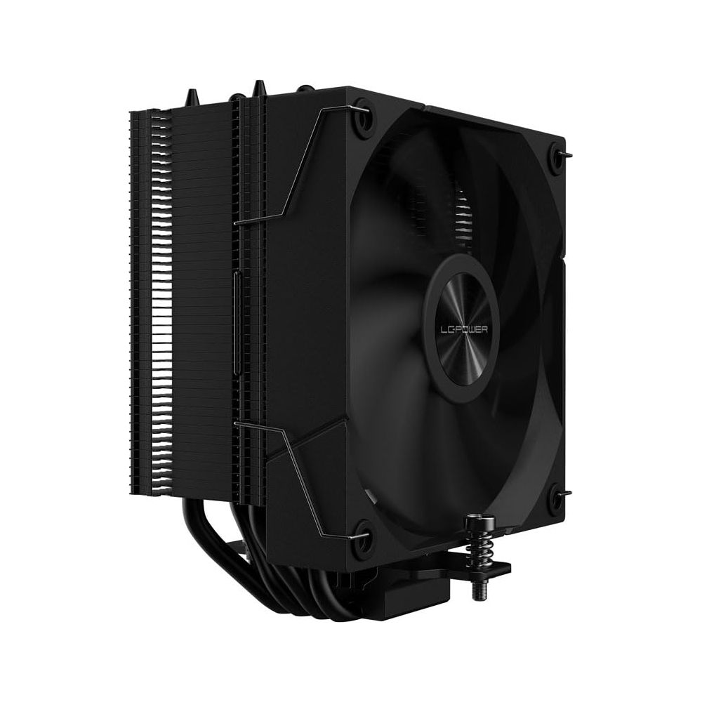 Black computer CPU cooler with heatsink and fan. White background.