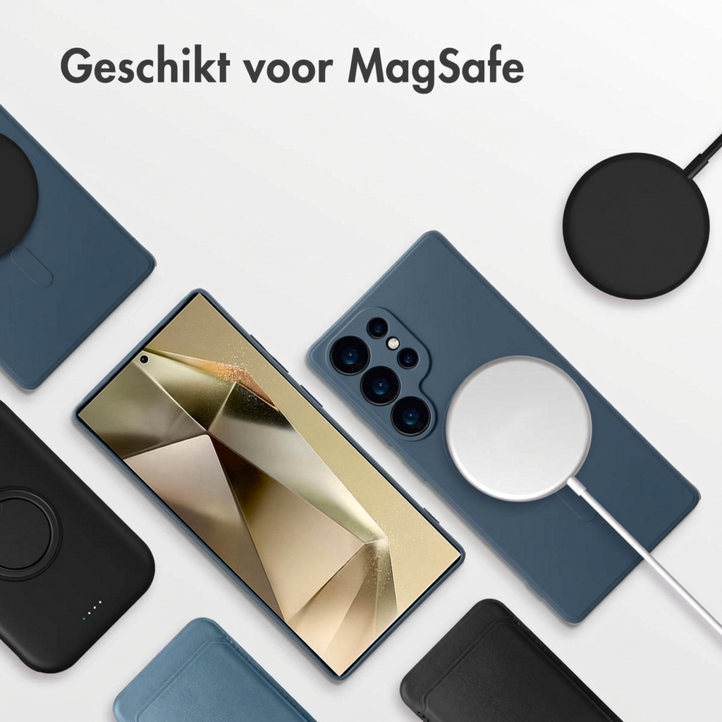 Een smartphone met MagSafe lader en hoesjes.