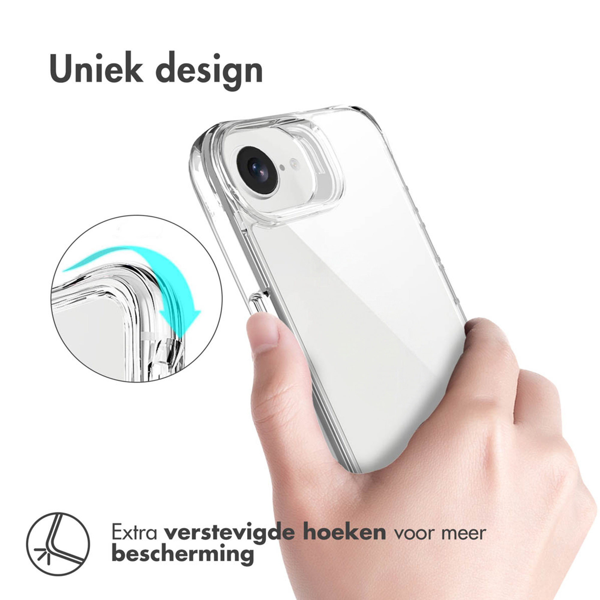 Une main tient une coque de téléphone transparente, montrant un détail.