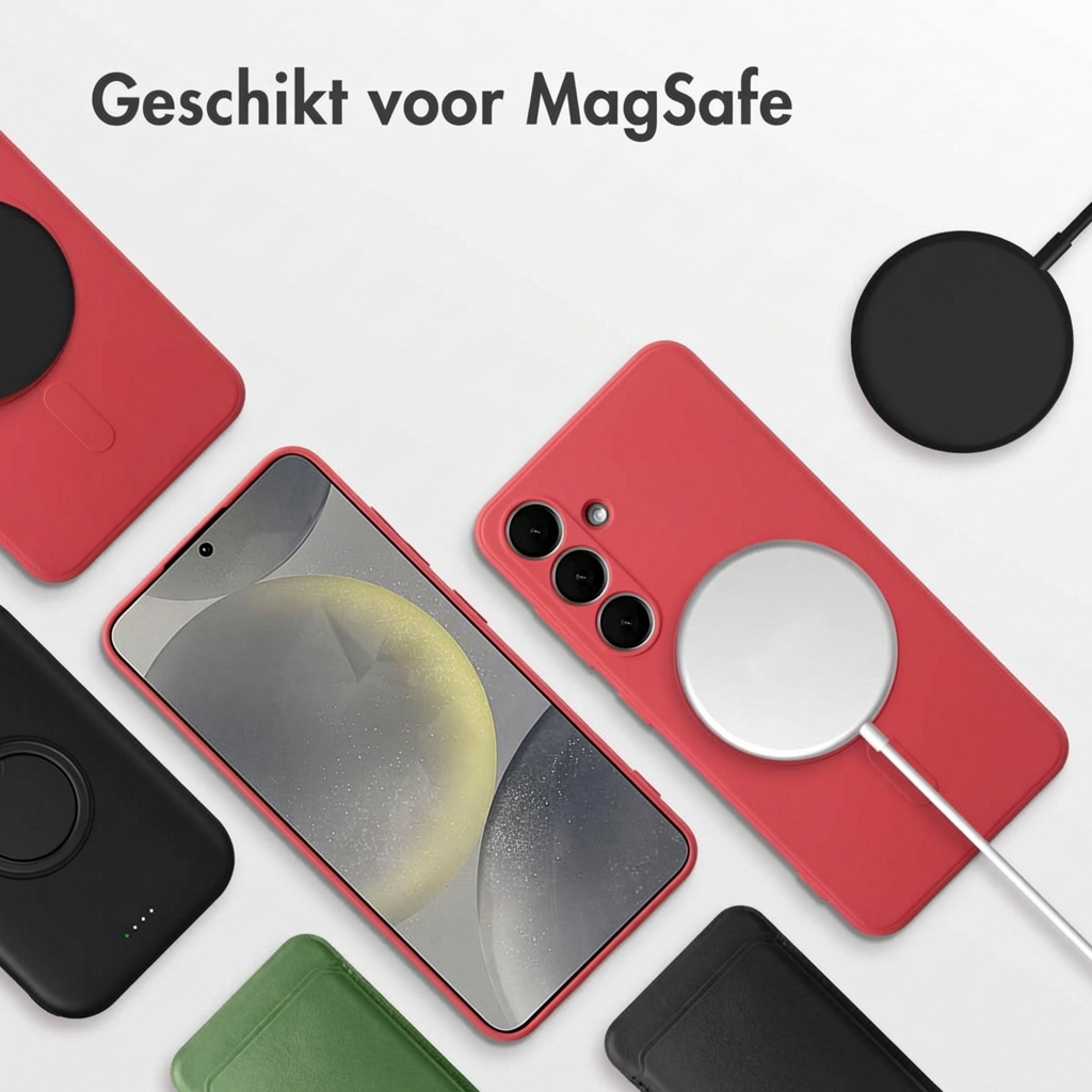 Rode telefoonhoesjes en een smartphone met MagSafe lader op witte achtergrond.