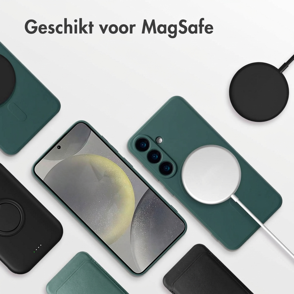 Groene en zwarte telefoonhoesjes met smartphone en MagSafe oplader.