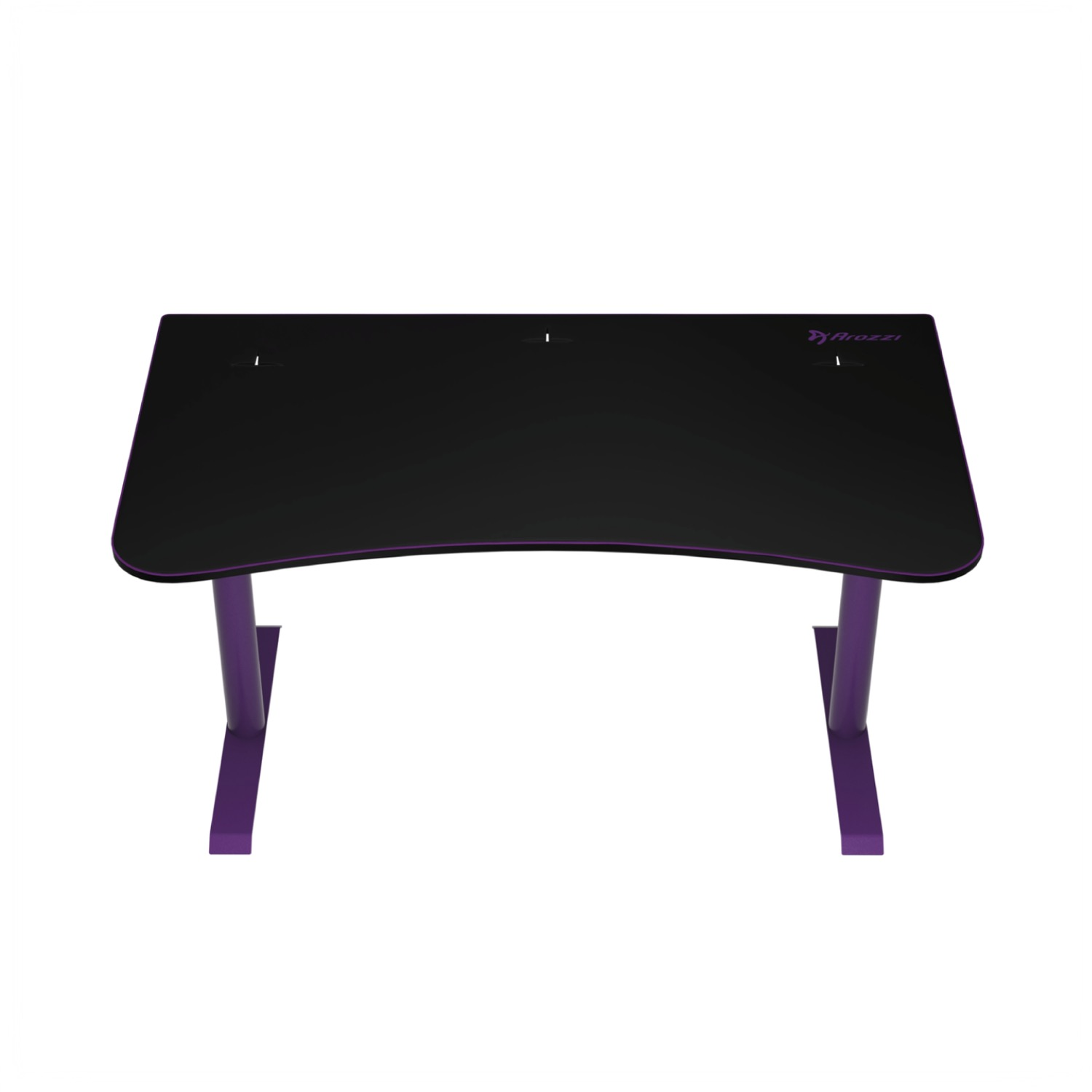 Scrivania gaming nera con gambe e bordi viola, logo Arozzi a destra.
