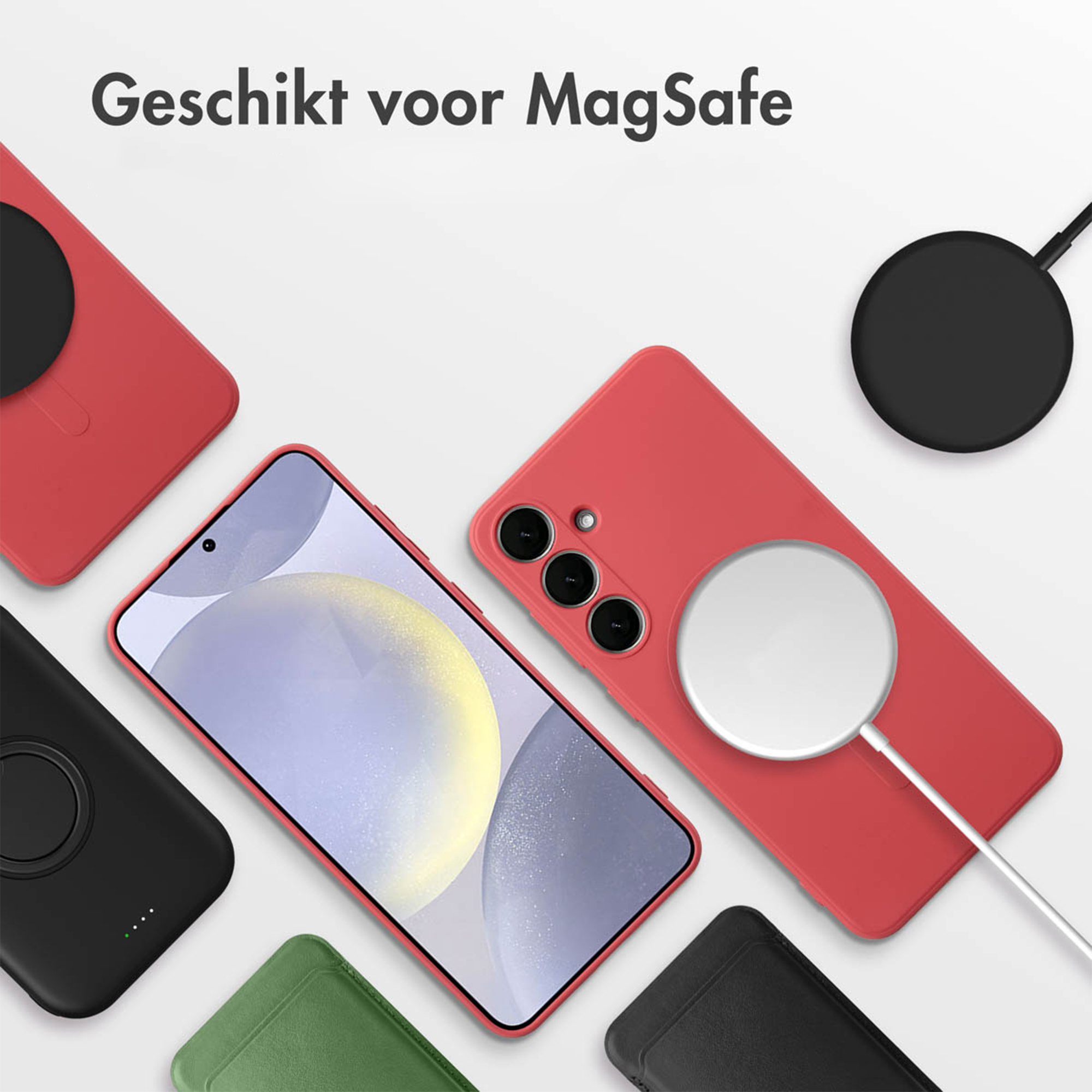 Rode en zwarte telefoonhoesjes met MagSafe laders en een smartphone.