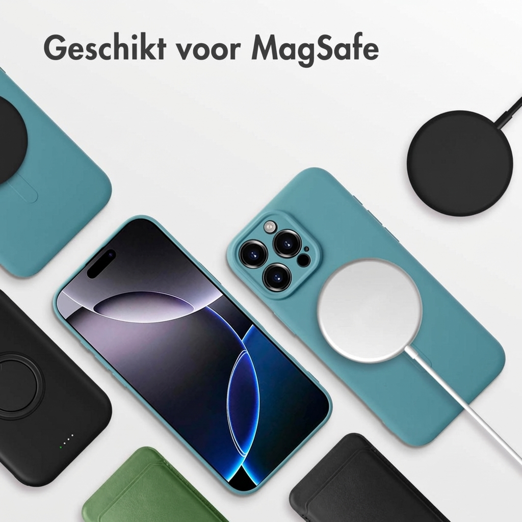 Een smartphone in een blauw hoesje wordt getoond met MagSafe laders.