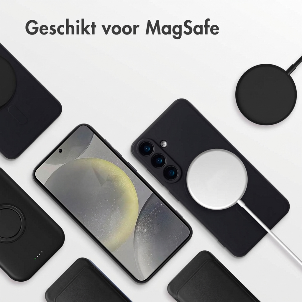 Zwarte telefoonhoesjes en MagSafe-laders gerangschikt op een witte ondergrond.
