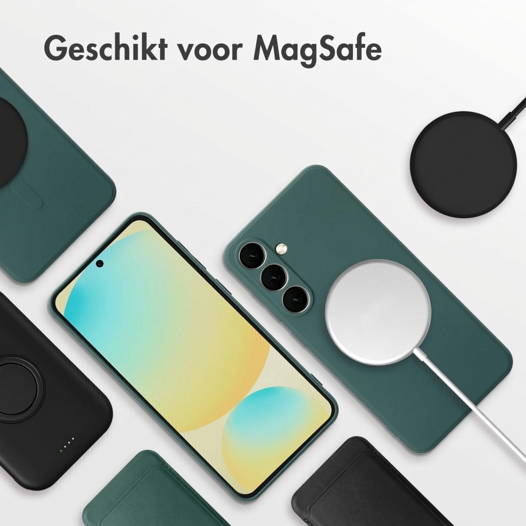 Coques de téléphone vertes et chargeurs MagSafe sur fond blanc.