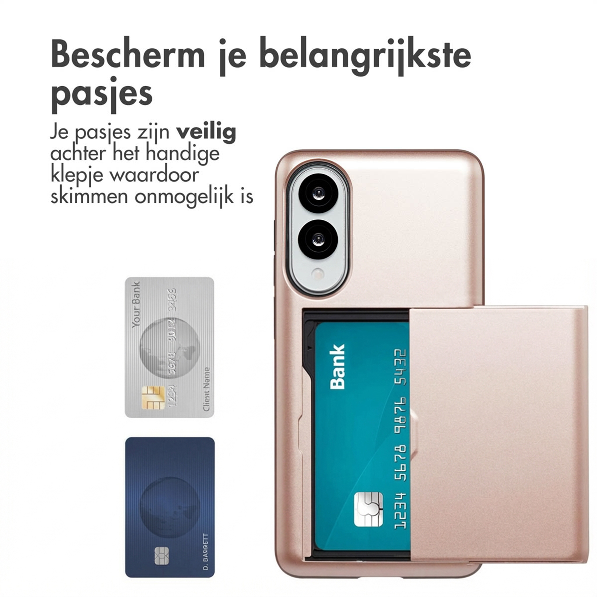 Een roségouden telefoon met kaarthouder met een bankpas.