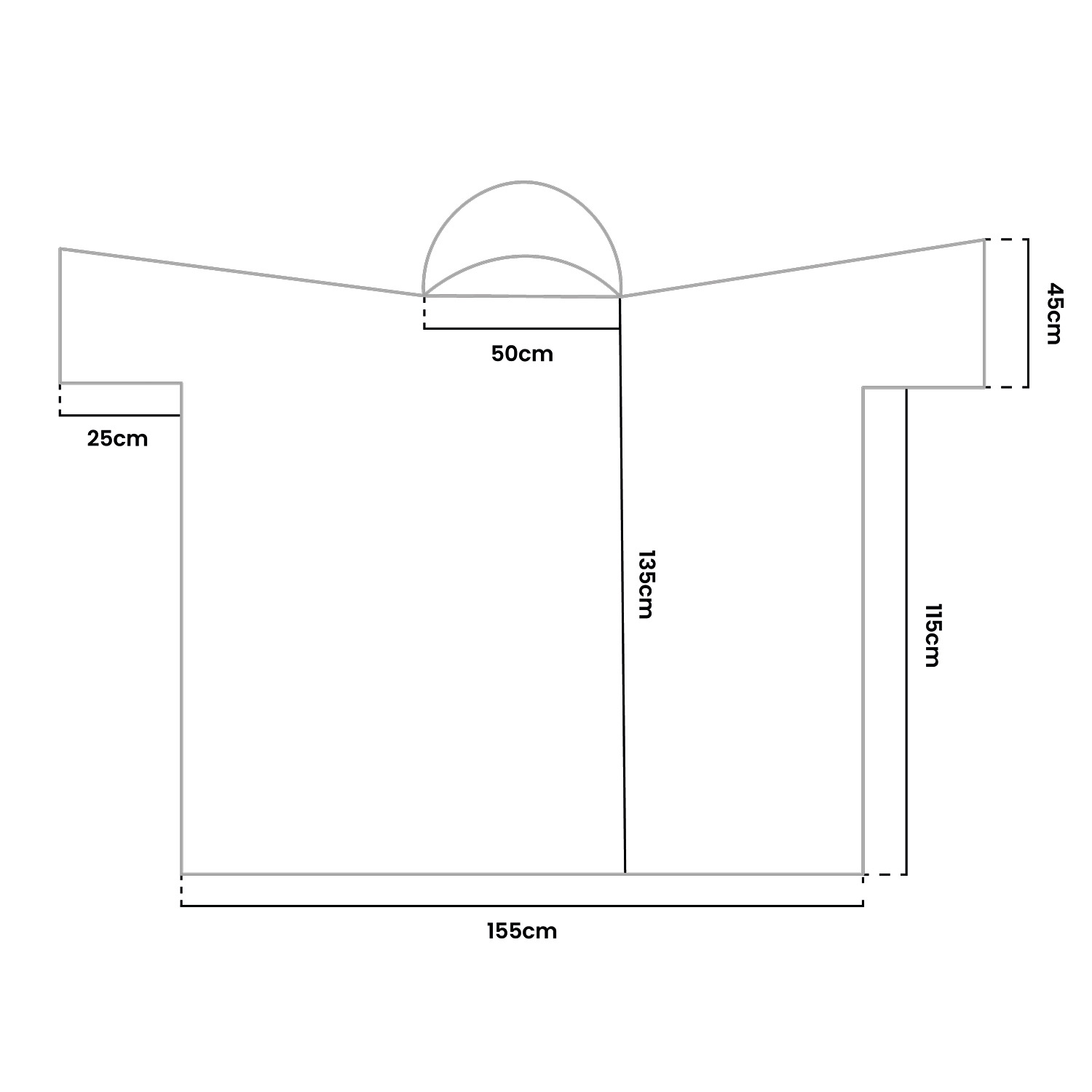 Disegno al tratto di un poncho con misure.
