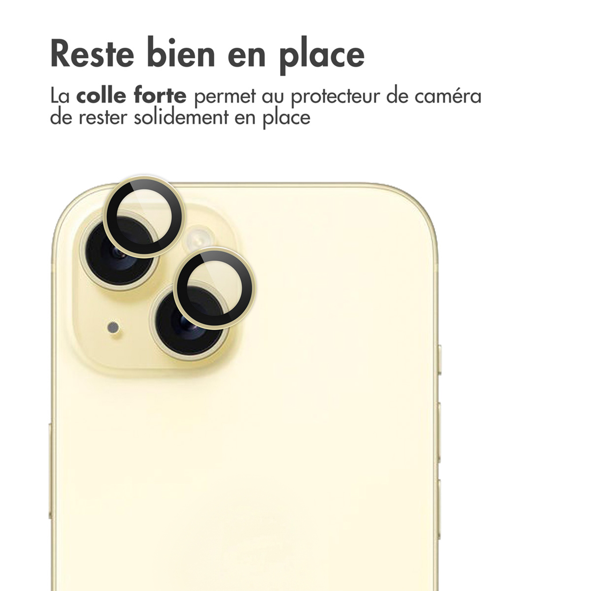 Camera lens protectors on a light beige smartphone.