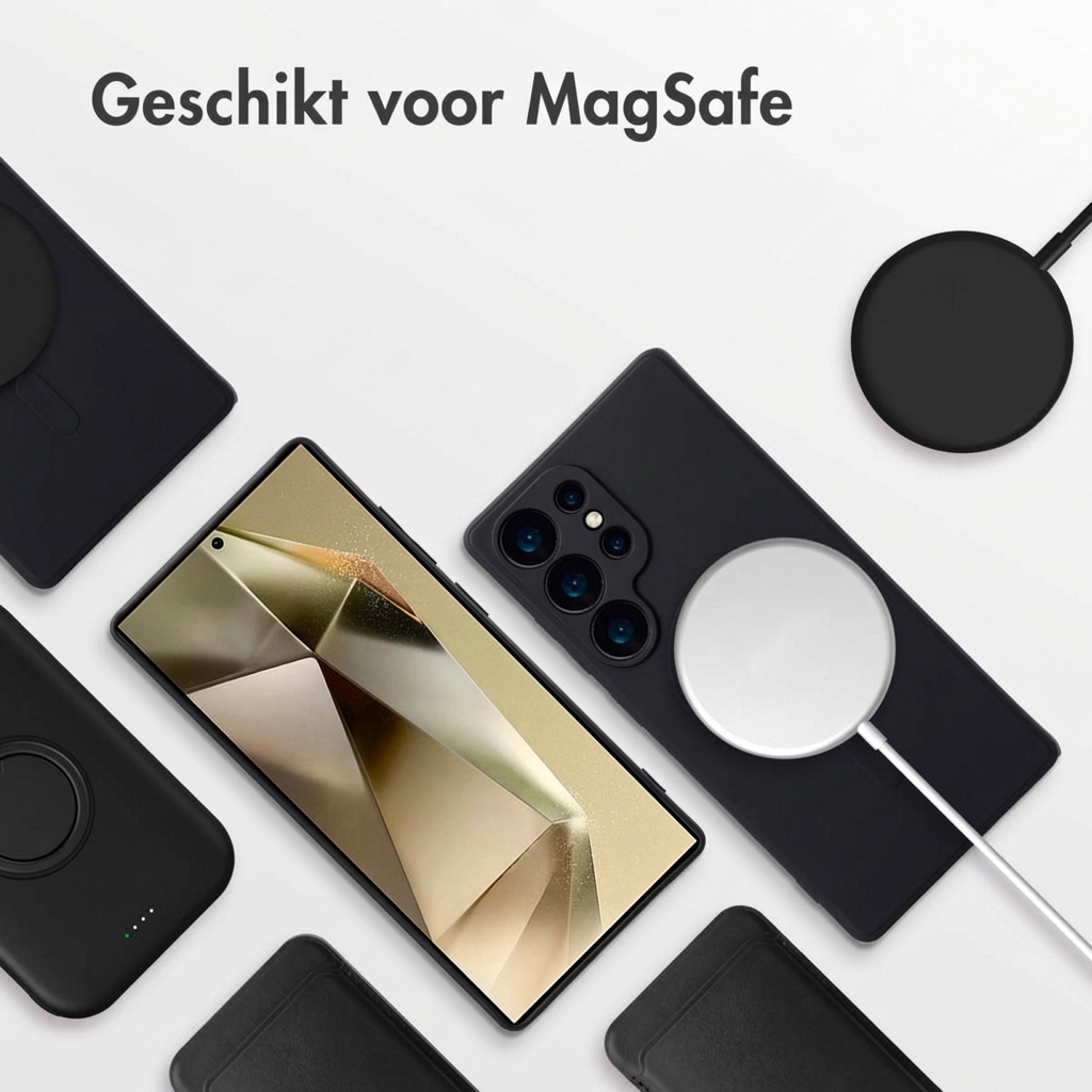 Een smartphone met MagSafe lader en hoesjes, tekst 'Geschikt voor MagSafe'.