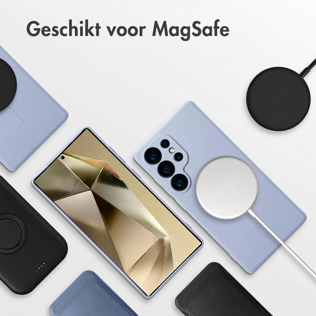 Een lichtpaarse smartphone met MagSafe lader en accessoires.