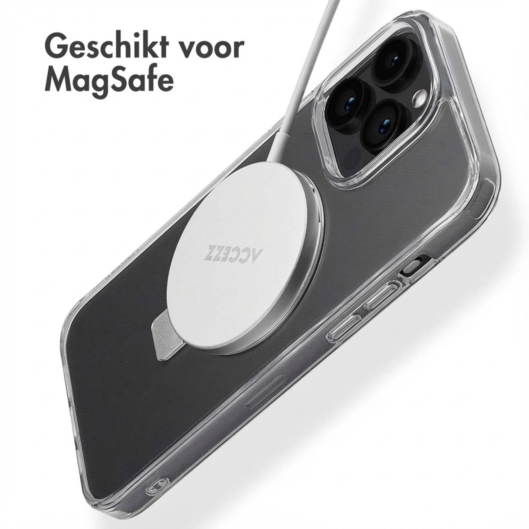 Doorzichtige iPhone hoes met MagSafe lader bevestigd aan de iPhone.