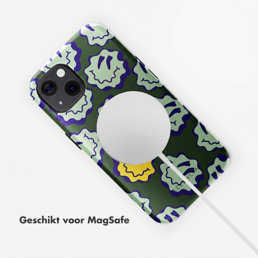 Coque de téléphone vert foncé avec des smiley déformés vert clair et violet.