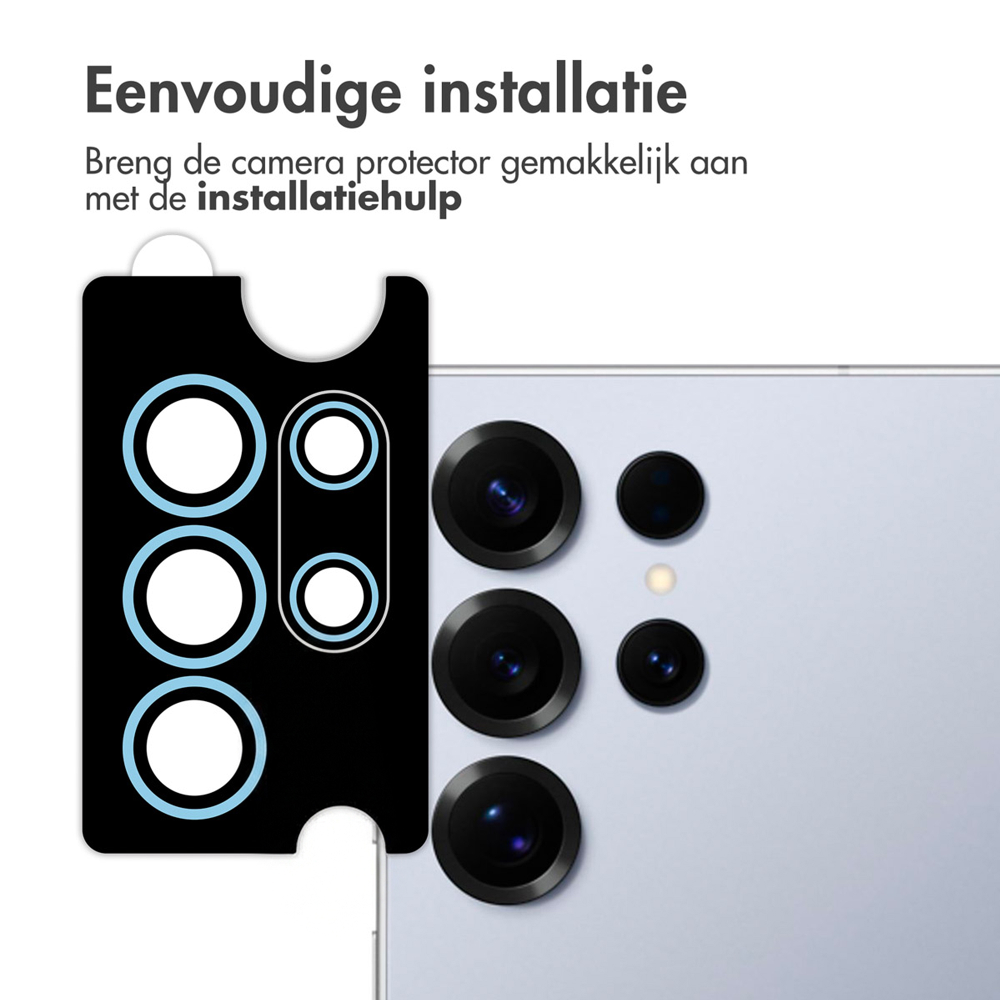 Outil d'installation noir avec découpes circulaires à côté des caméras de smartphone.