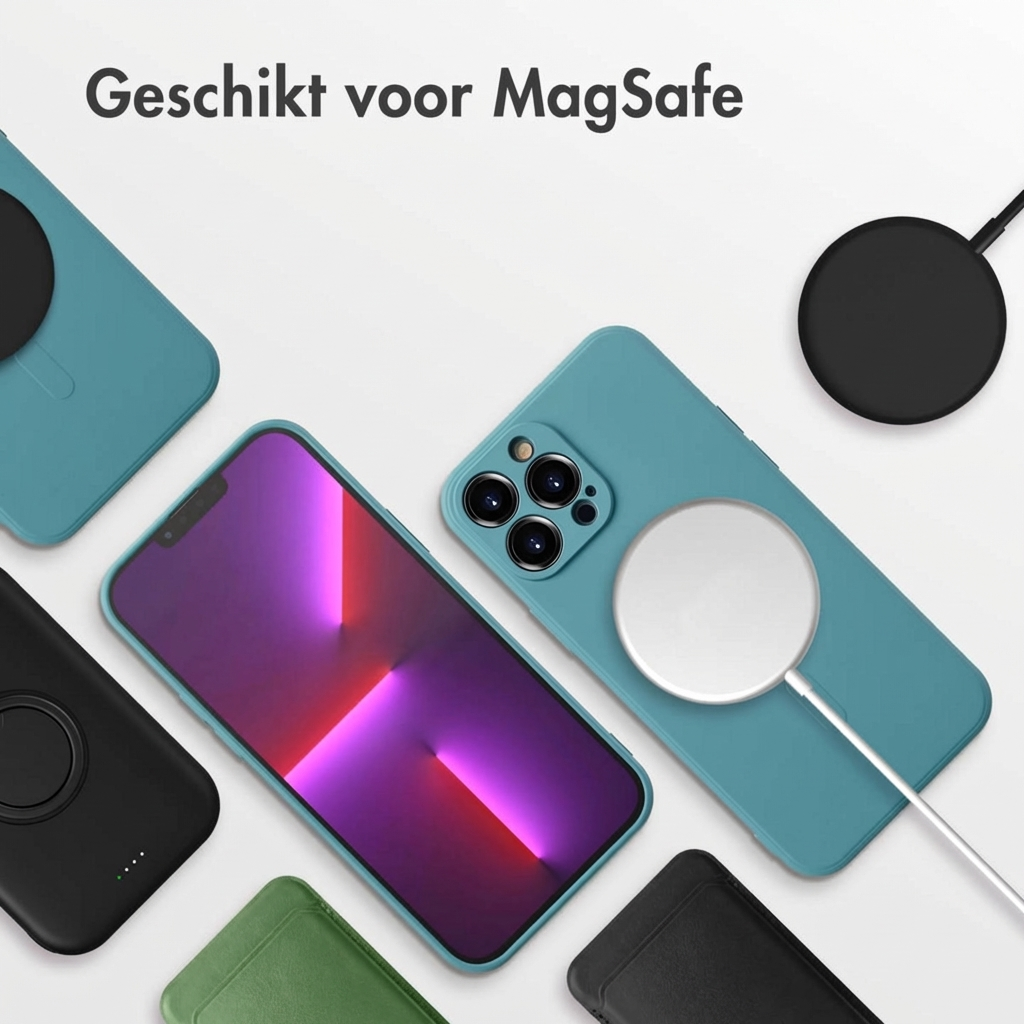 iPhone turquoise avec chargeur MagSafe, étuis et chargeur MagSafe noir.