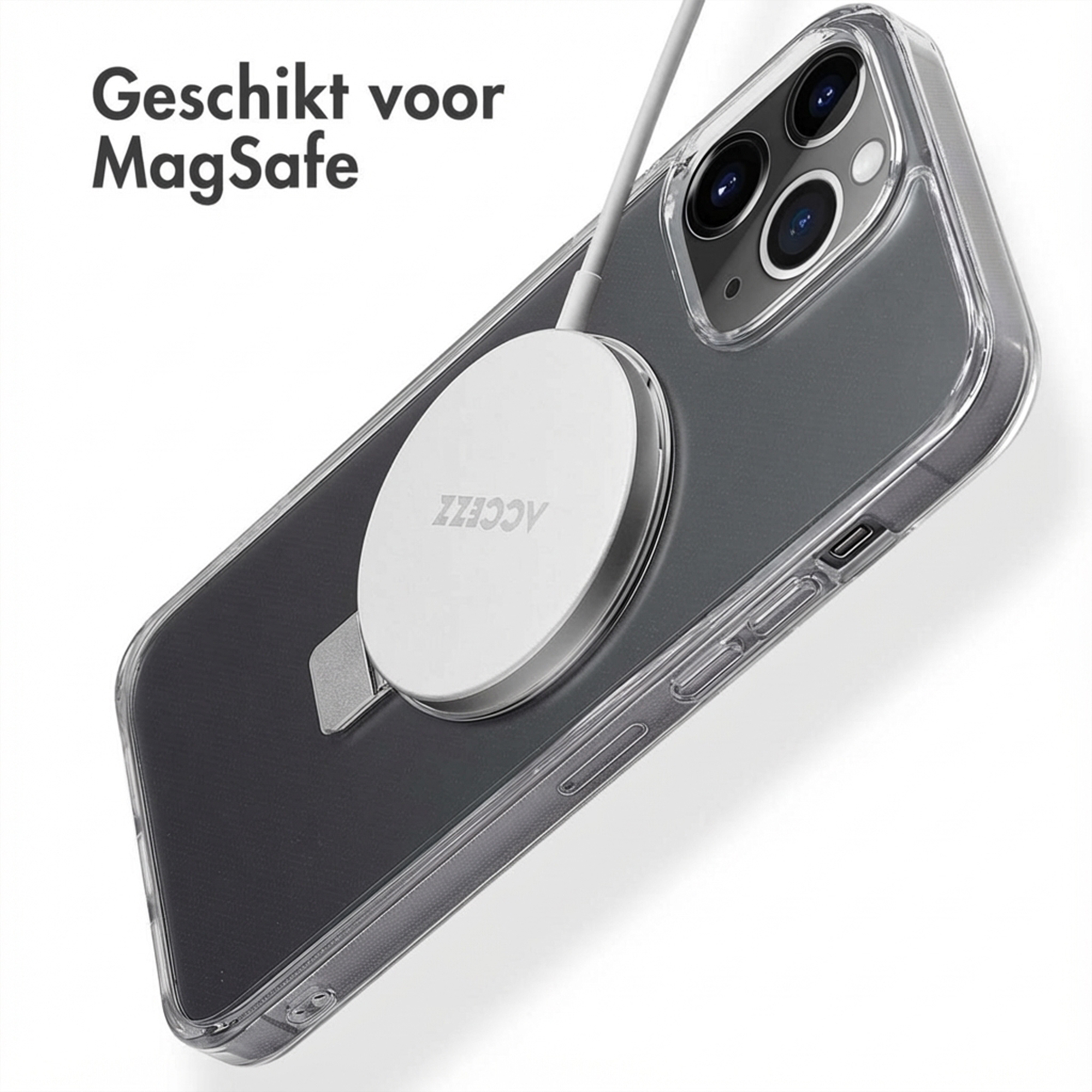 iPhone avec chargeur MagSafe sur coque transparente, avec texte "Geschikt voor MagSafe".