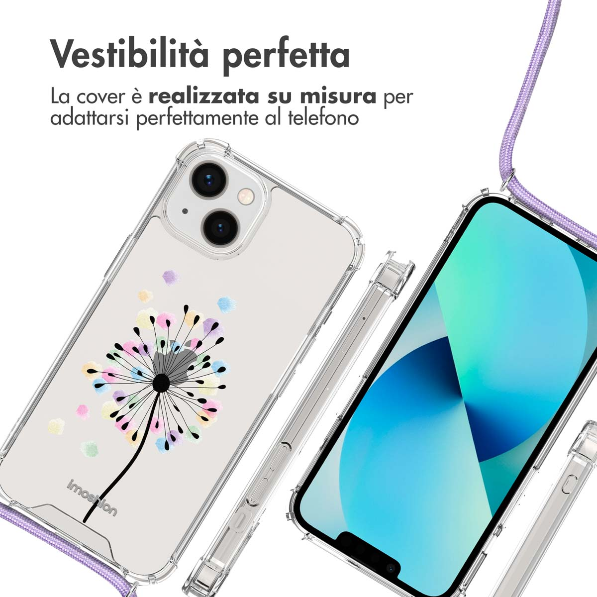 Transparante telefoonhoes met kleurrijk paardenbloemmotief en paarse nekkoord.
