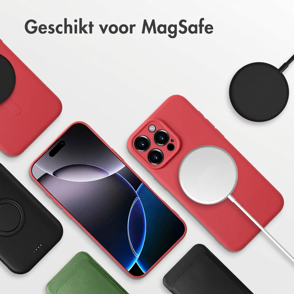 Étuis rouges et noirs pour iPhone avec chargeur et câble MagSafe.