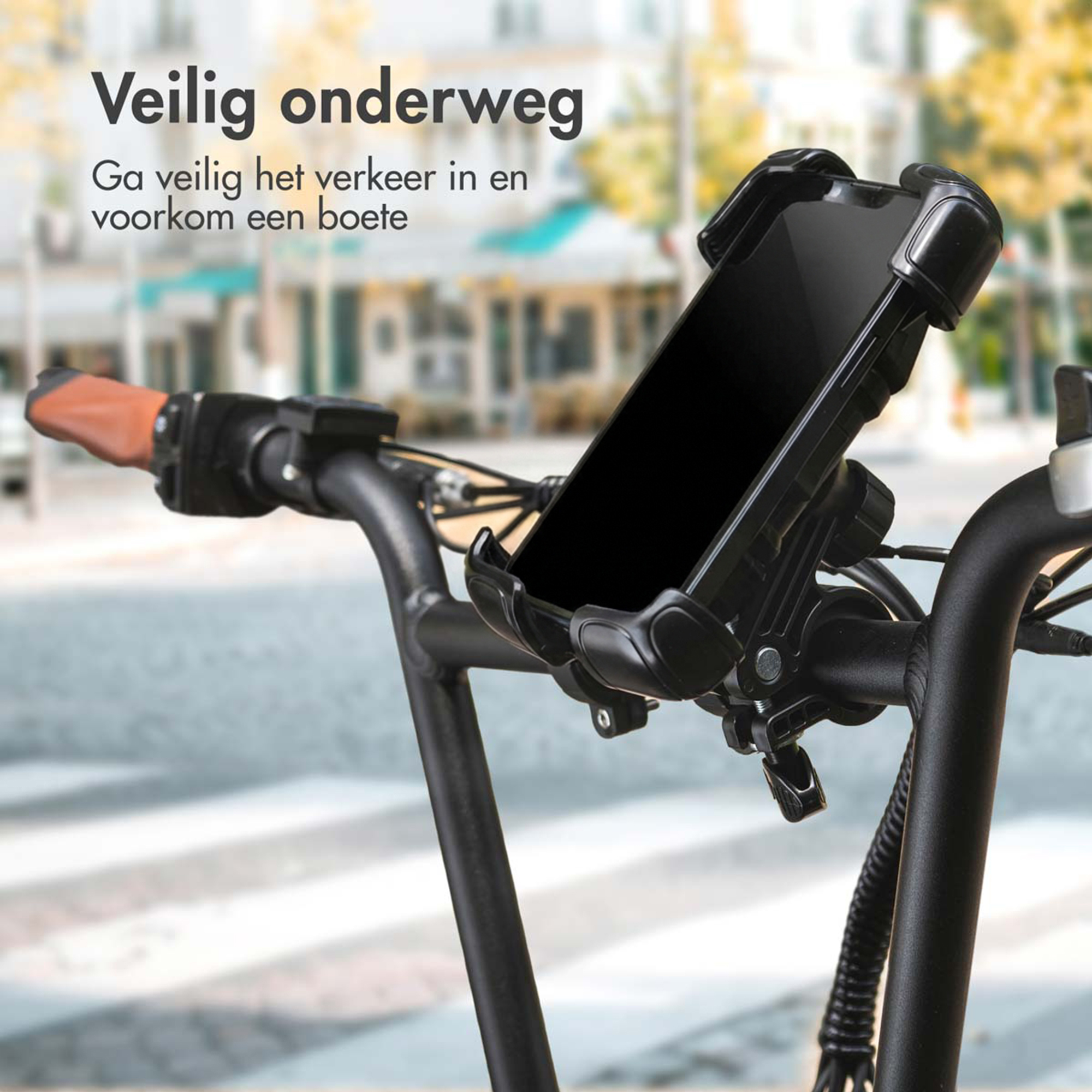 Phone mount on a scooter handlebar with a street scene in the background.