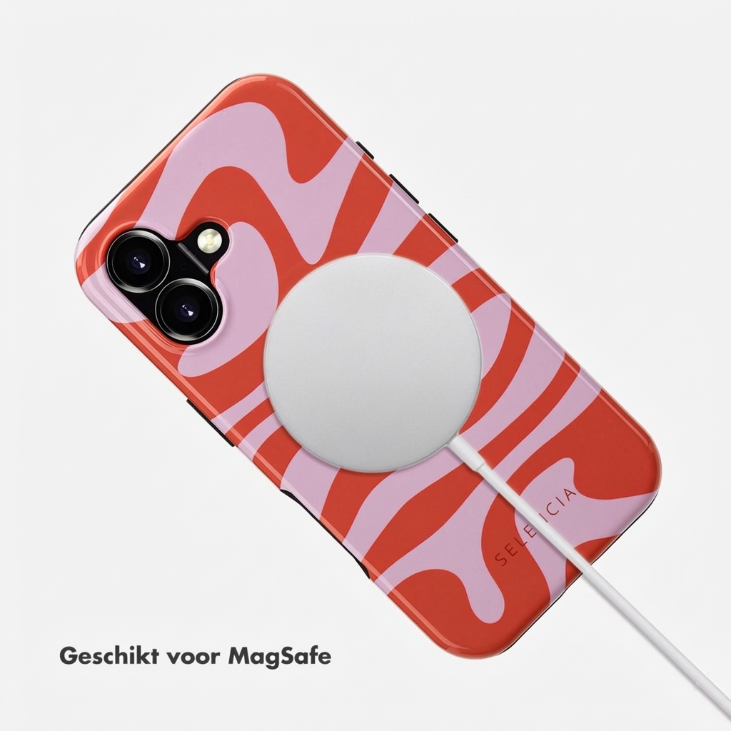 Custodia per telefono rossa e rosa con caricatore MagSafe, su sfondo bianco.