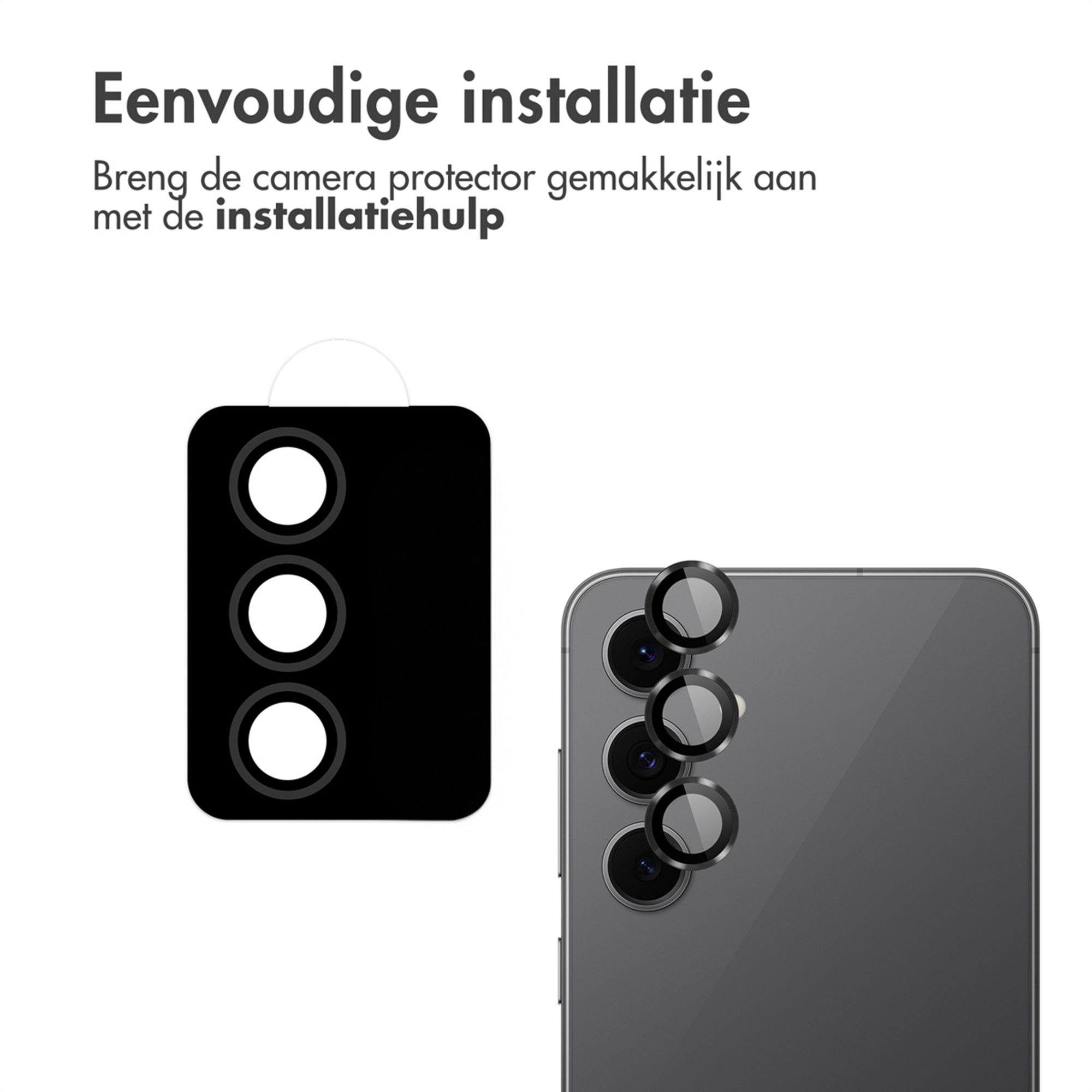 Un outil noir pour fixer trois protecteurs d'objectif de caméra ronds sur un smartphone gris.