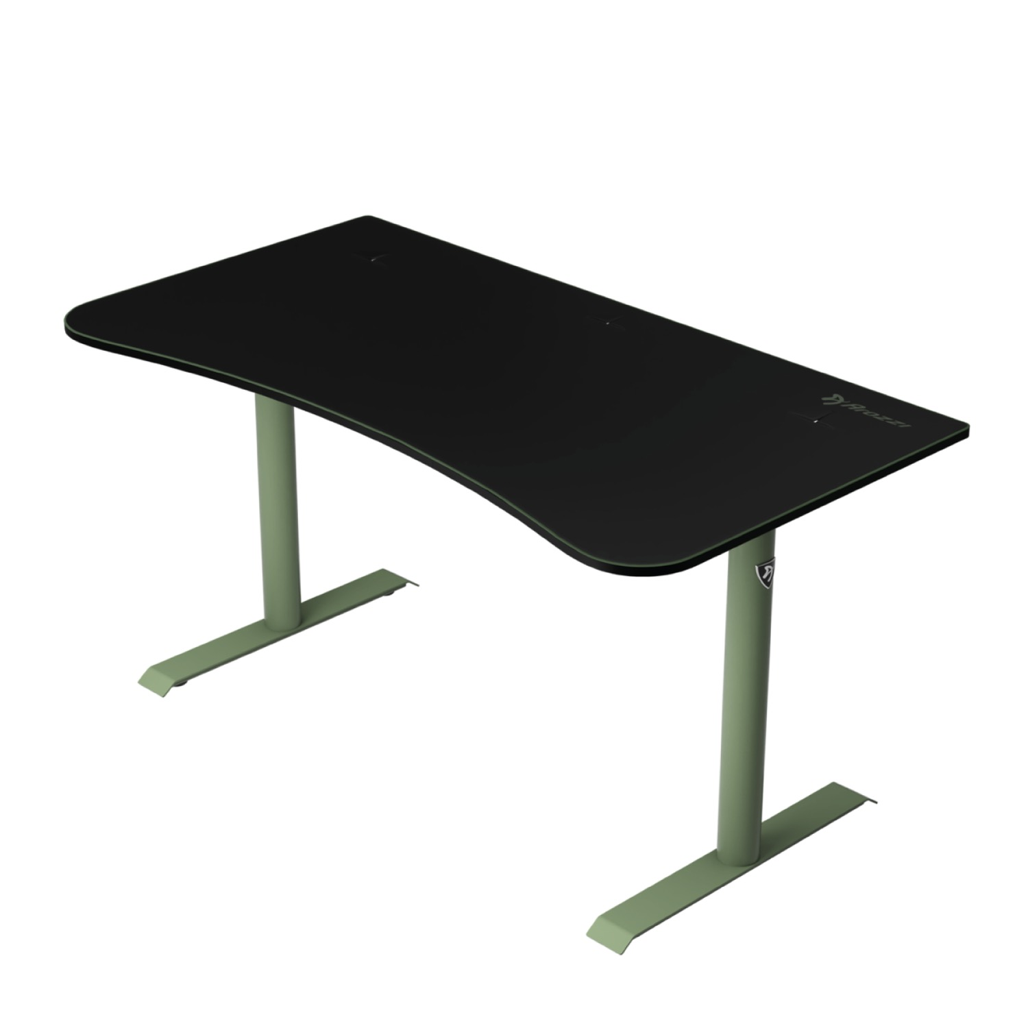 Una scrivania nera con piano curvo e gambe verde chiaro su sfondo bianco.