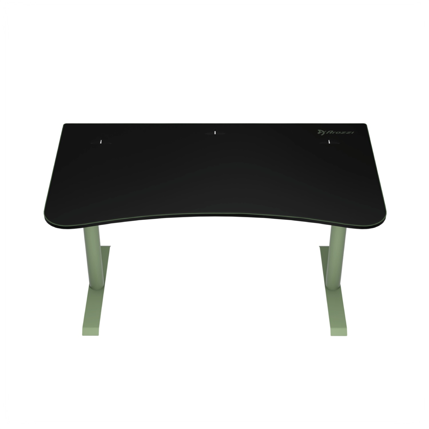 Una scrivania nera curva con gambe verde chiaro e logo Arozzi.