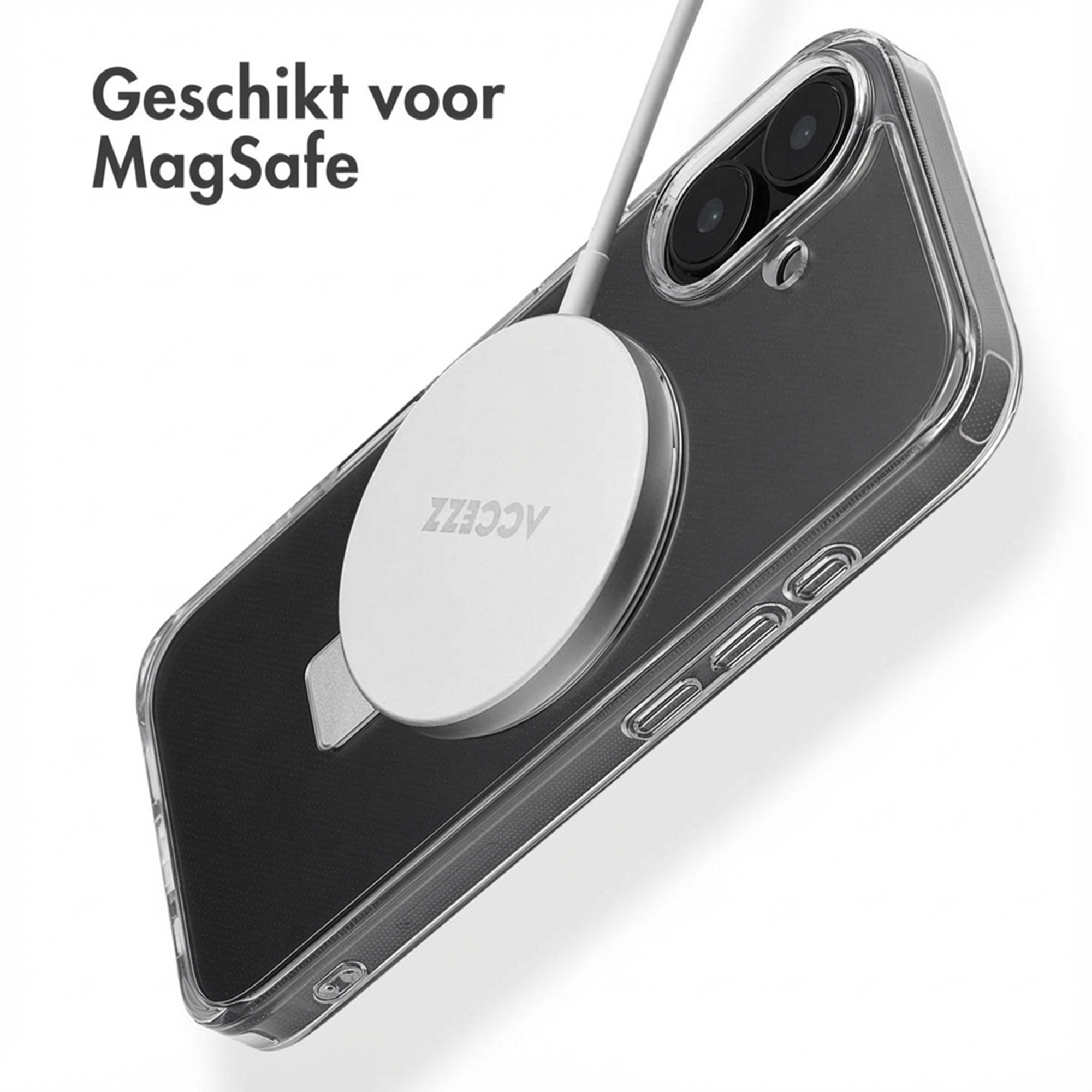 Une coque de téléphone transparente avec un chargeur MagSafe attaché au téléphone.