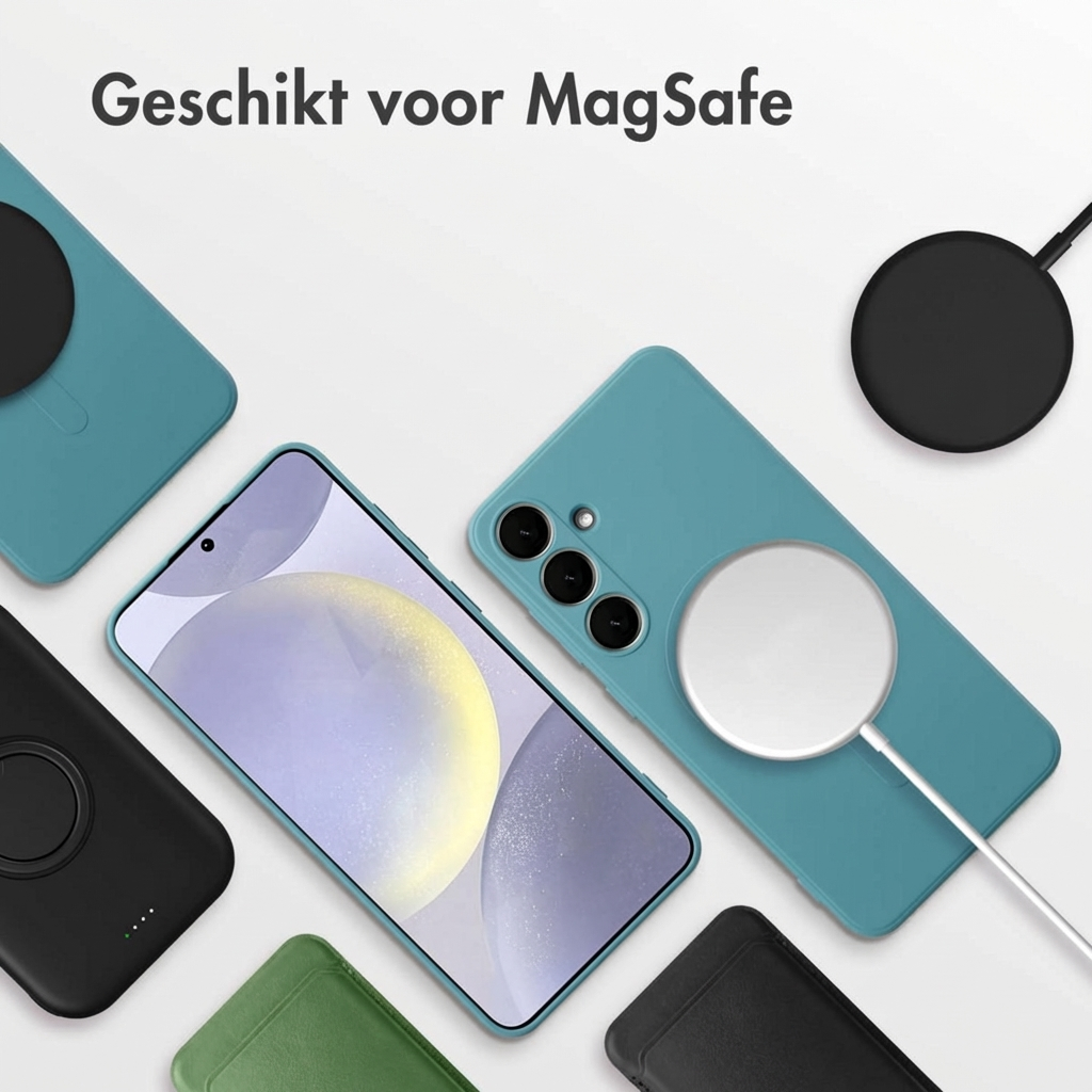 Een smartphone in een teal hoesje met MagSafe lader, omringd door hoesjes.