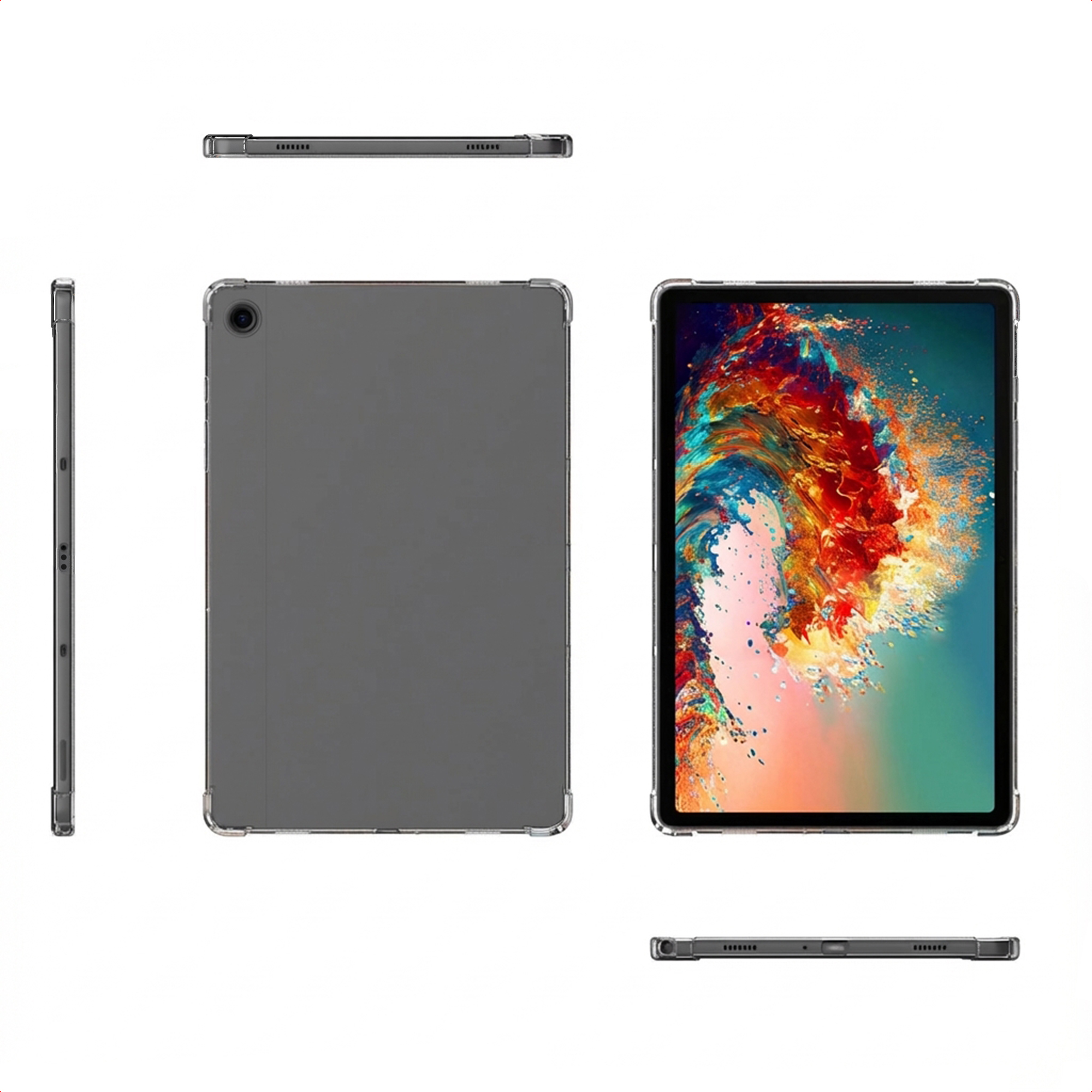 A tablet in a clear case, shown from front, back, and side.