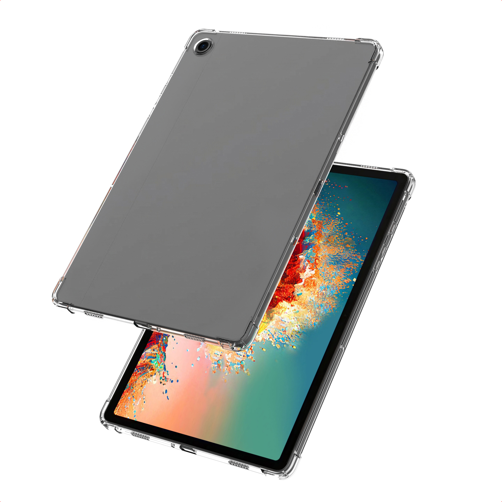 A transparent tablet case on a white background.