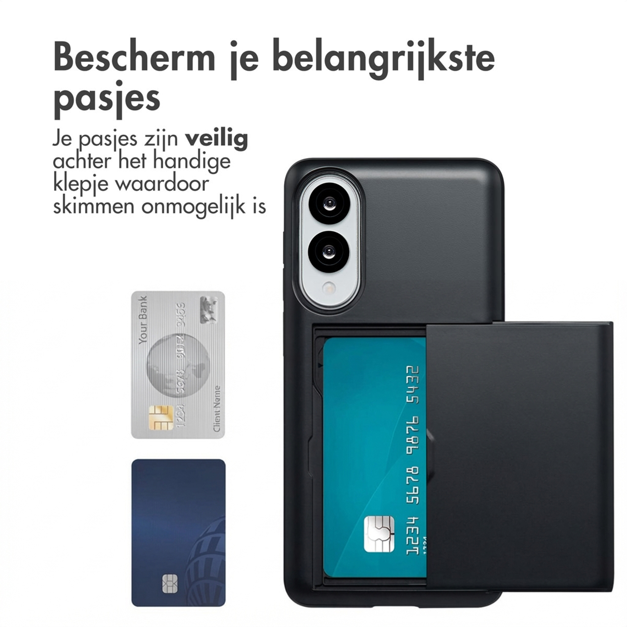 Coque de téléphone noire avec fente pour carte, montrant des cartes de crédit.