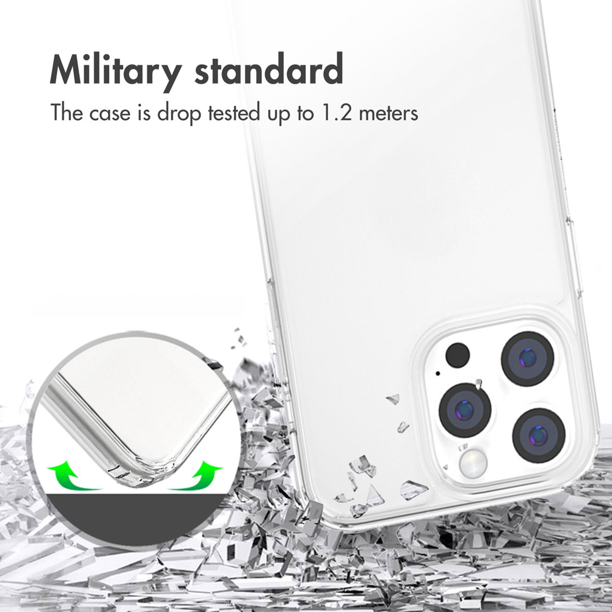 Cover trasparente per telefono con testo 'Standard militare', testata da 1,2m.
