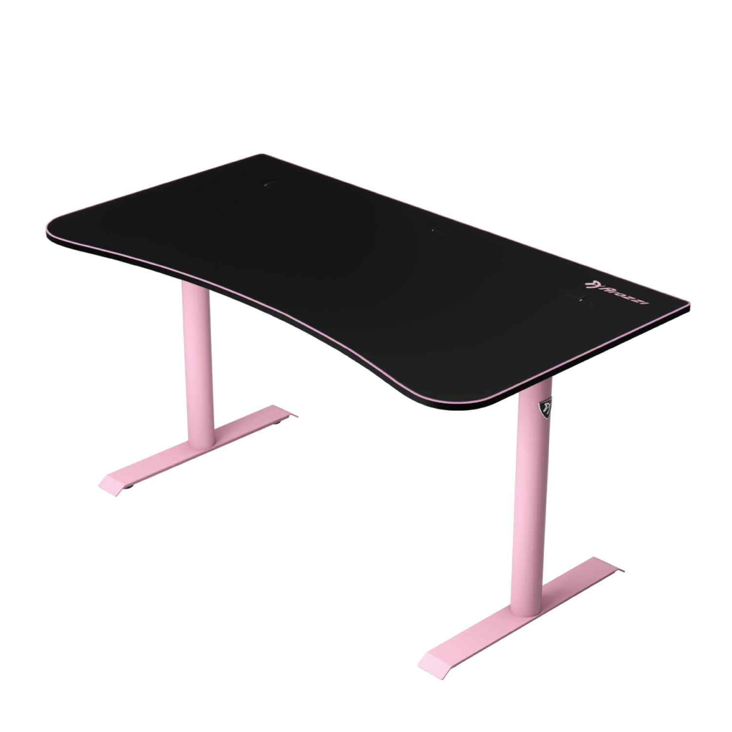 Una scrivania nera con gambe rosa e bordo curvo.