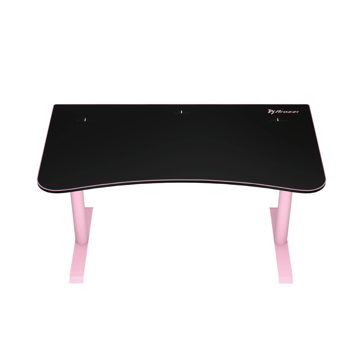 Una scrivania nera con gambe rosa e un design curvo.