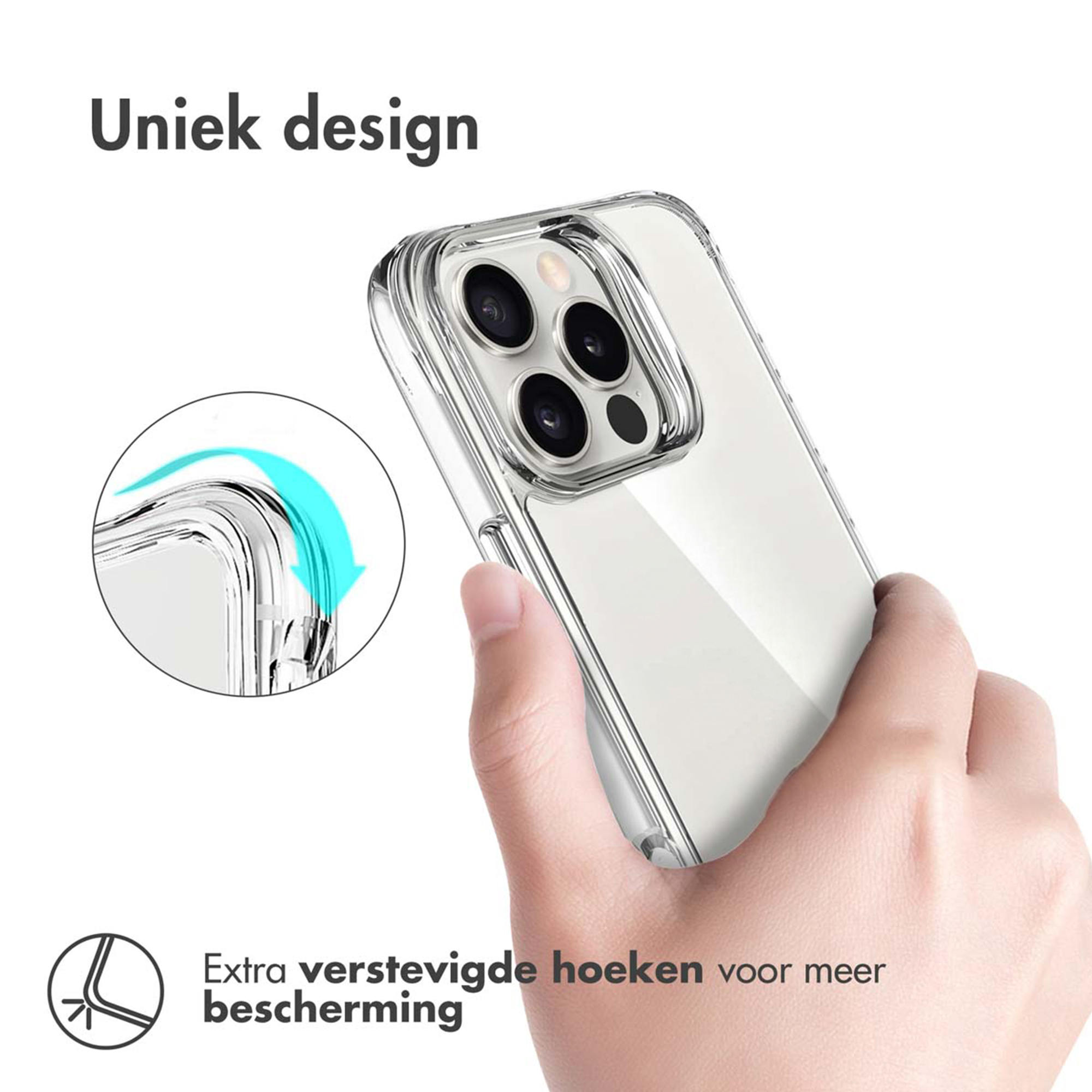 Een hand houdt een doorzichtige telefoonhoes met verstevigde hoeken.