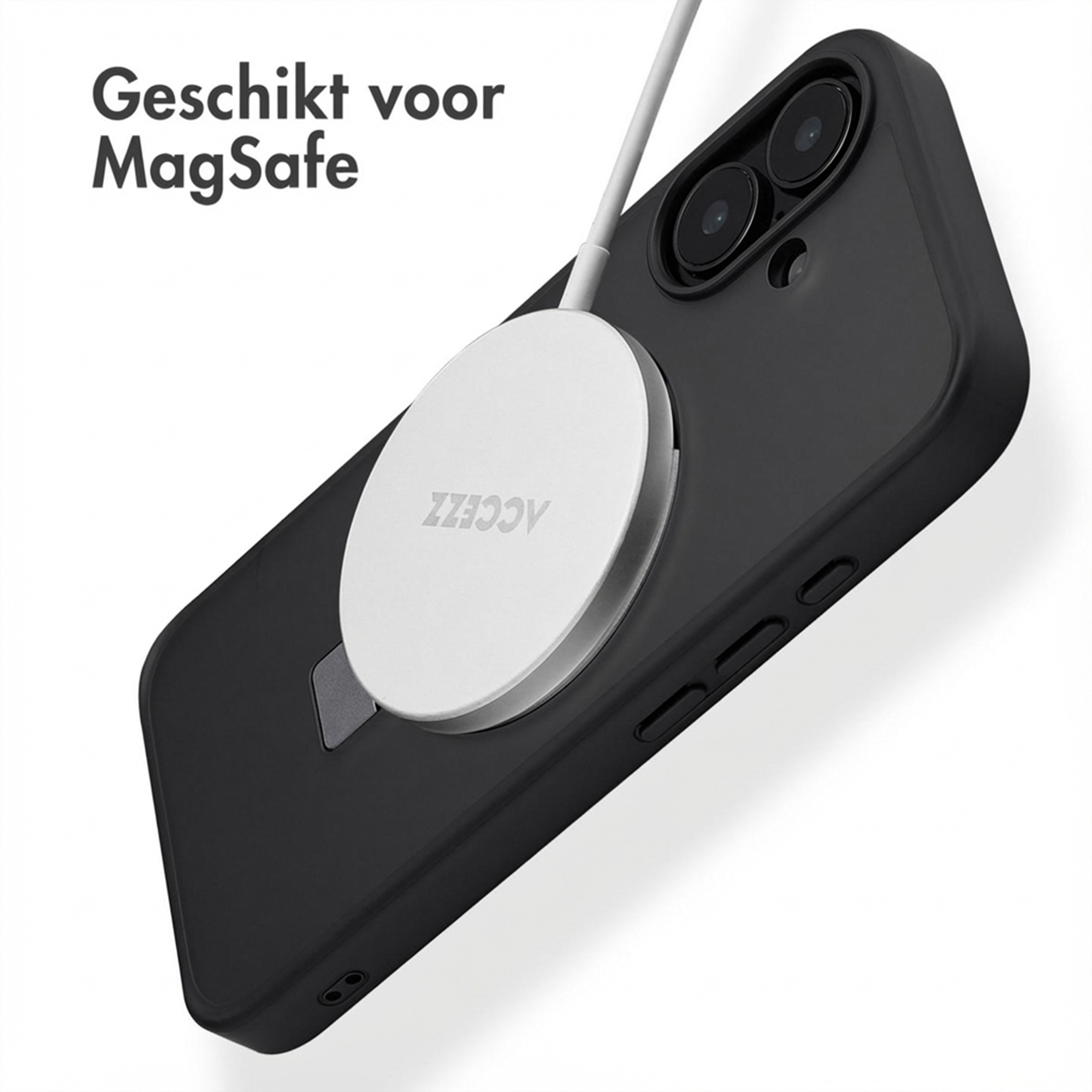 iPhone noir avec chargeur et câble MagSafe. Texte : "Geschikt voor MagSafe."