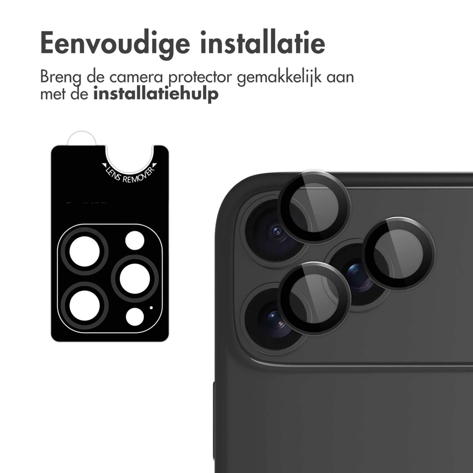 Een zwarte lensverwijderaar met uitsparingen voor vier cameralenzen naast een telefoonachterkant met camera's.
