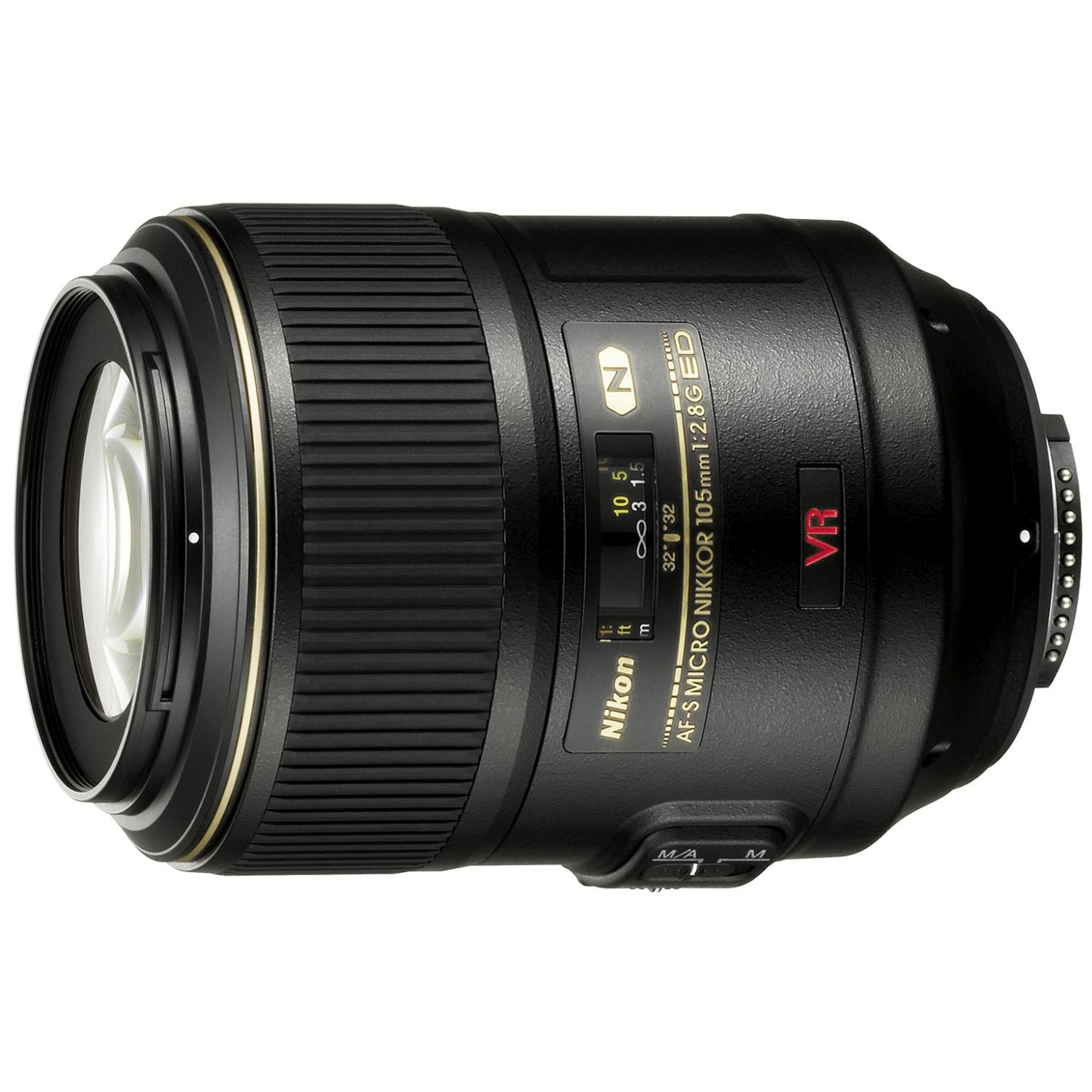 Ein schwarzes Nikon AF-S-Objektiv mit goldenen Akzenten und VR-Beschriftung.