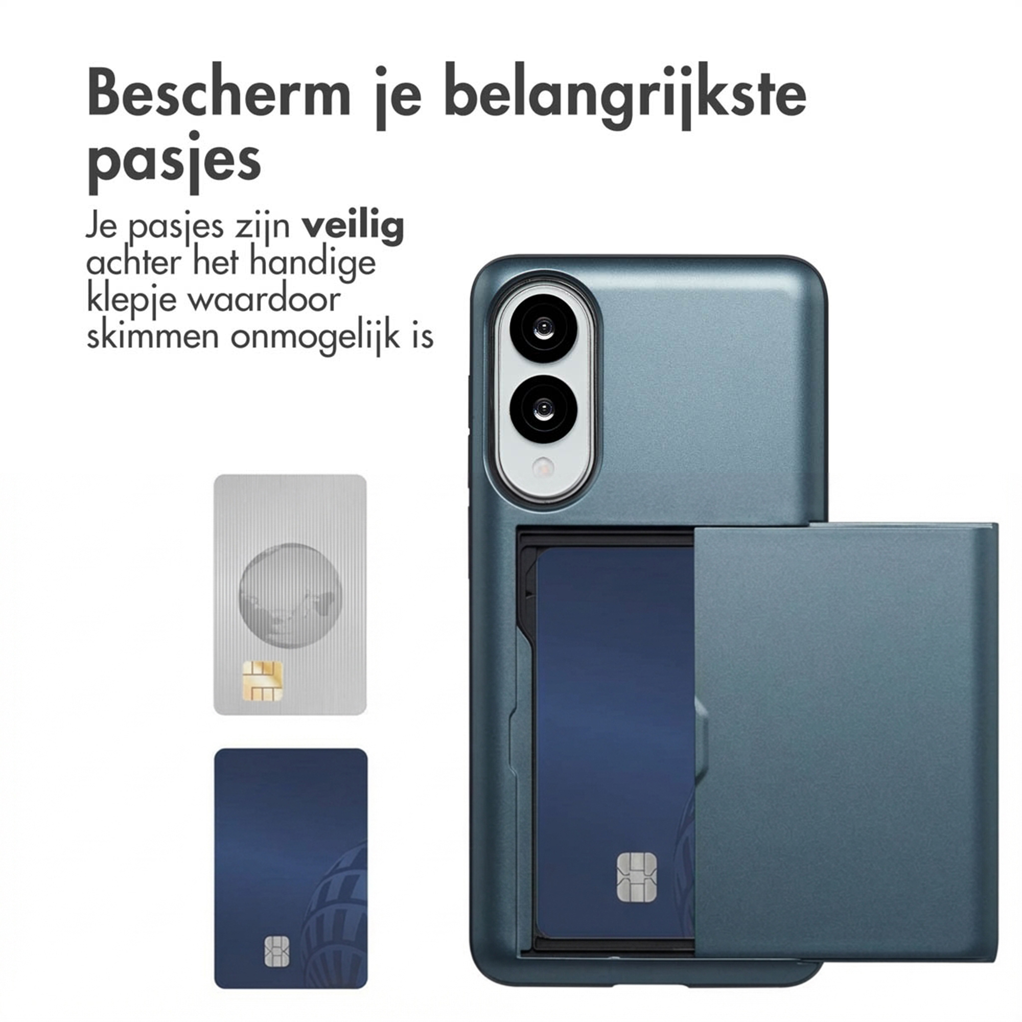 Coque de téléphone bleue avec fente pour carte, montrant deux cartes.
