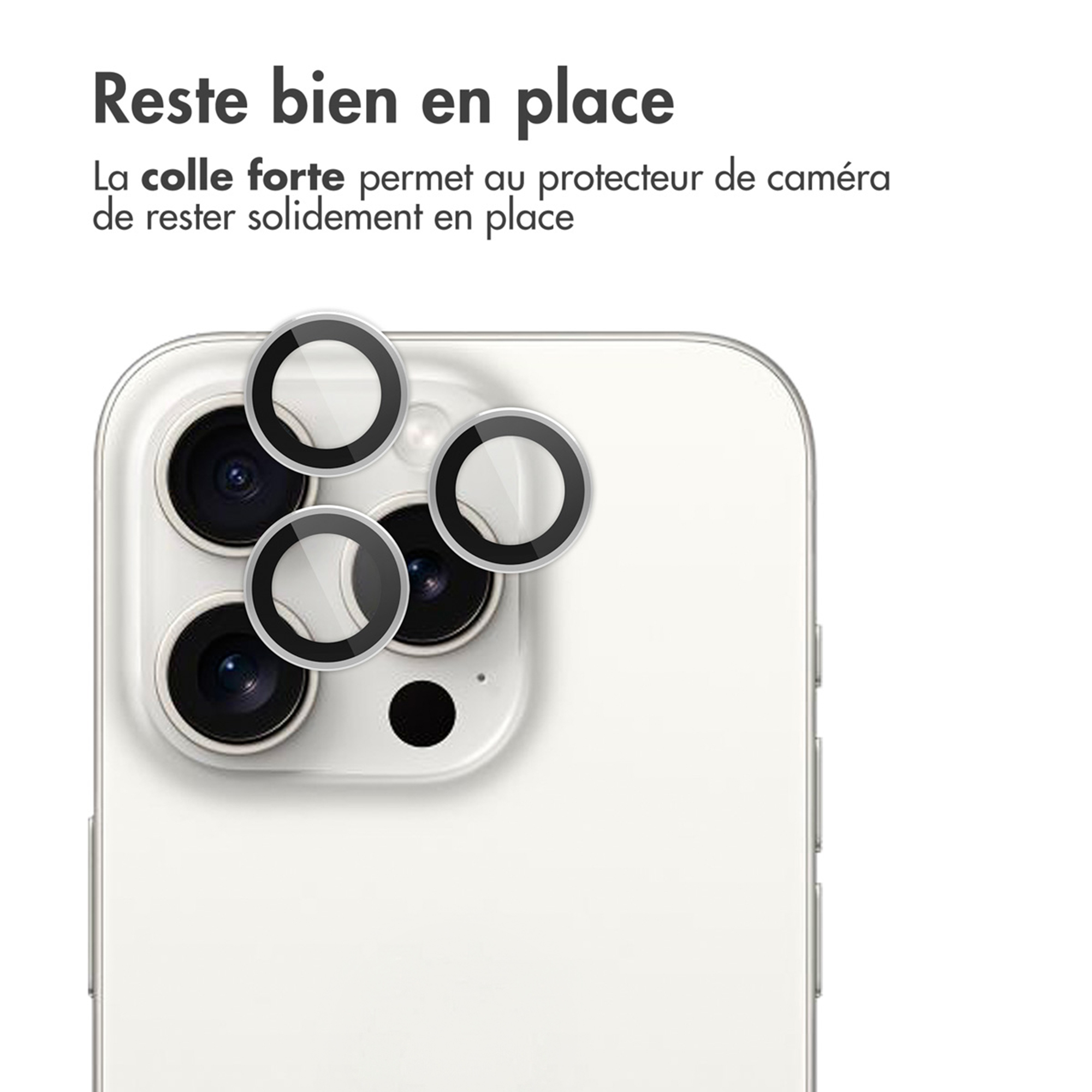 Films protecteurs sur les objectifs de caméra d'un smartphone blanc.