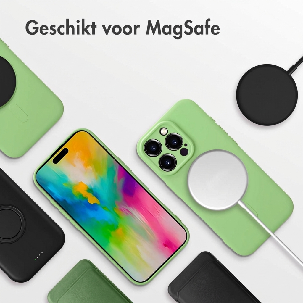 Groene en zwarte telefoonhoesjes met MagSafe oplader en kleurrijke telefoon.