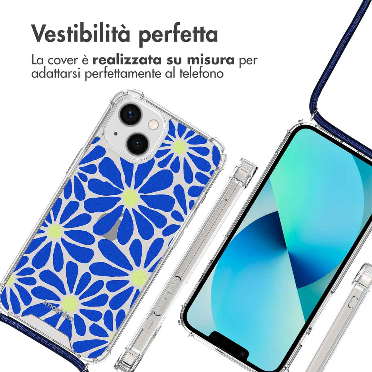 Coque iPhone avec motif floral bleu et jaune et cordon.