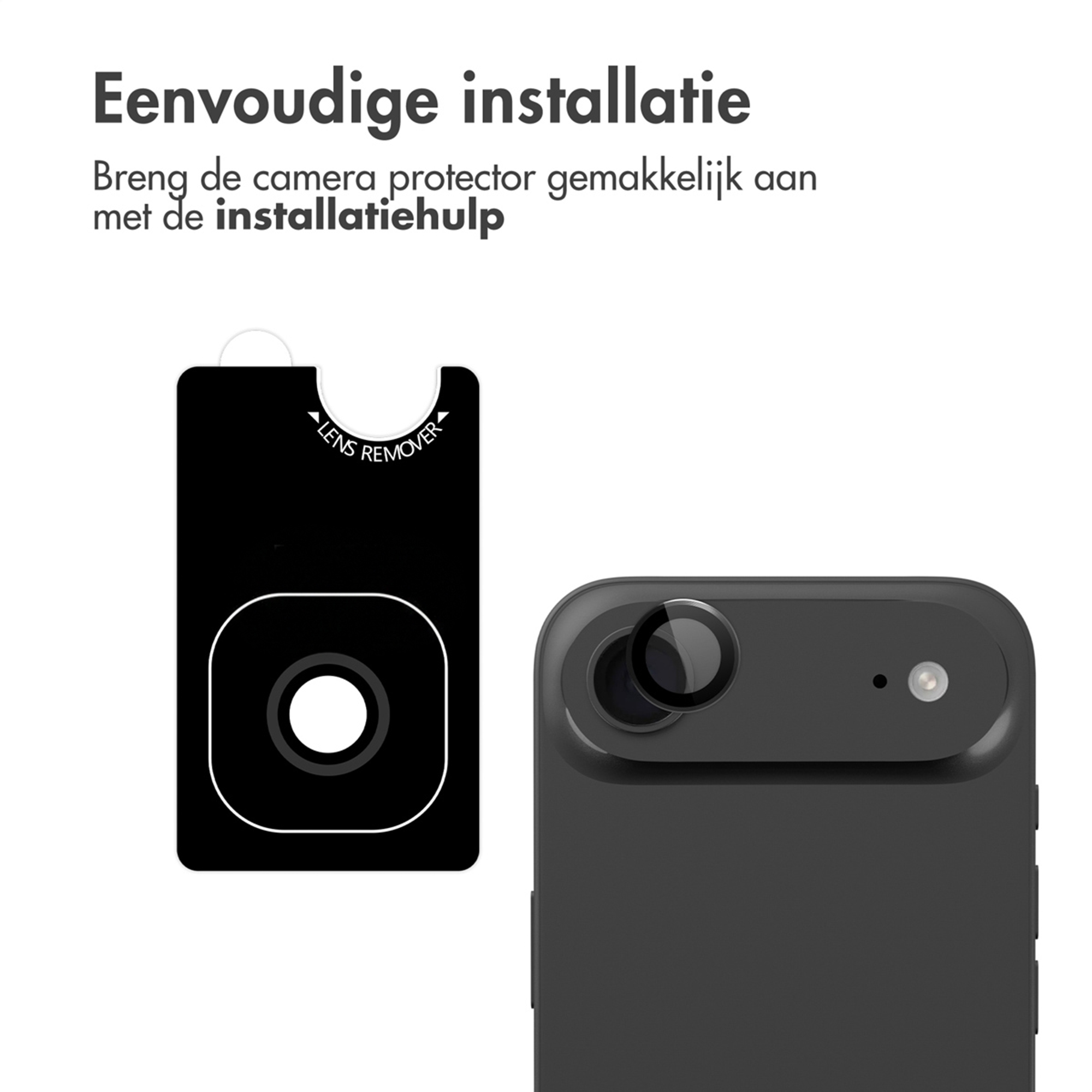 Een zwart lensverwijderingsgereedschap naast een smartphone met drie cameralenzen.