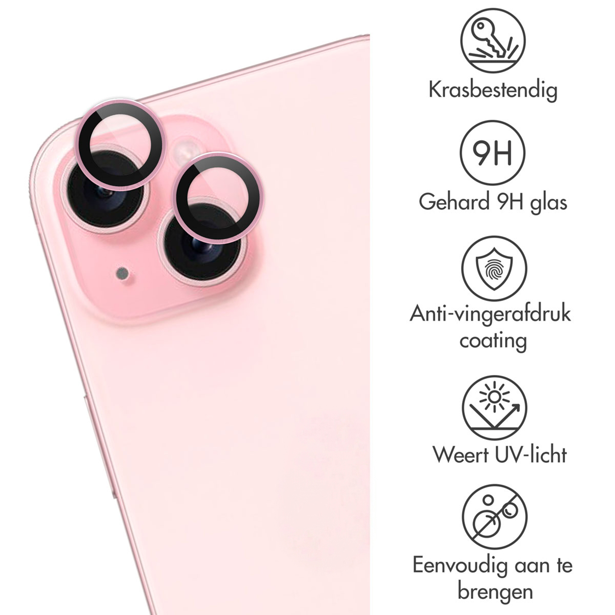 Pink phone back with three camera lens protectors and icons.