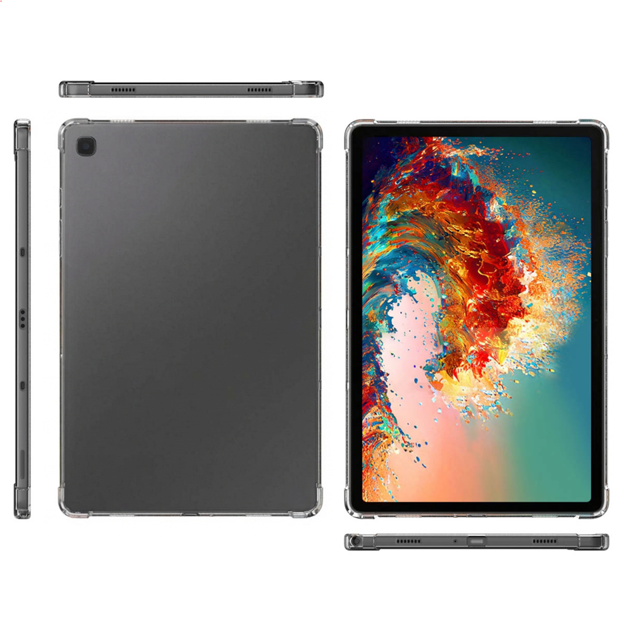 A tablet in a clear case, shown from the front and back.