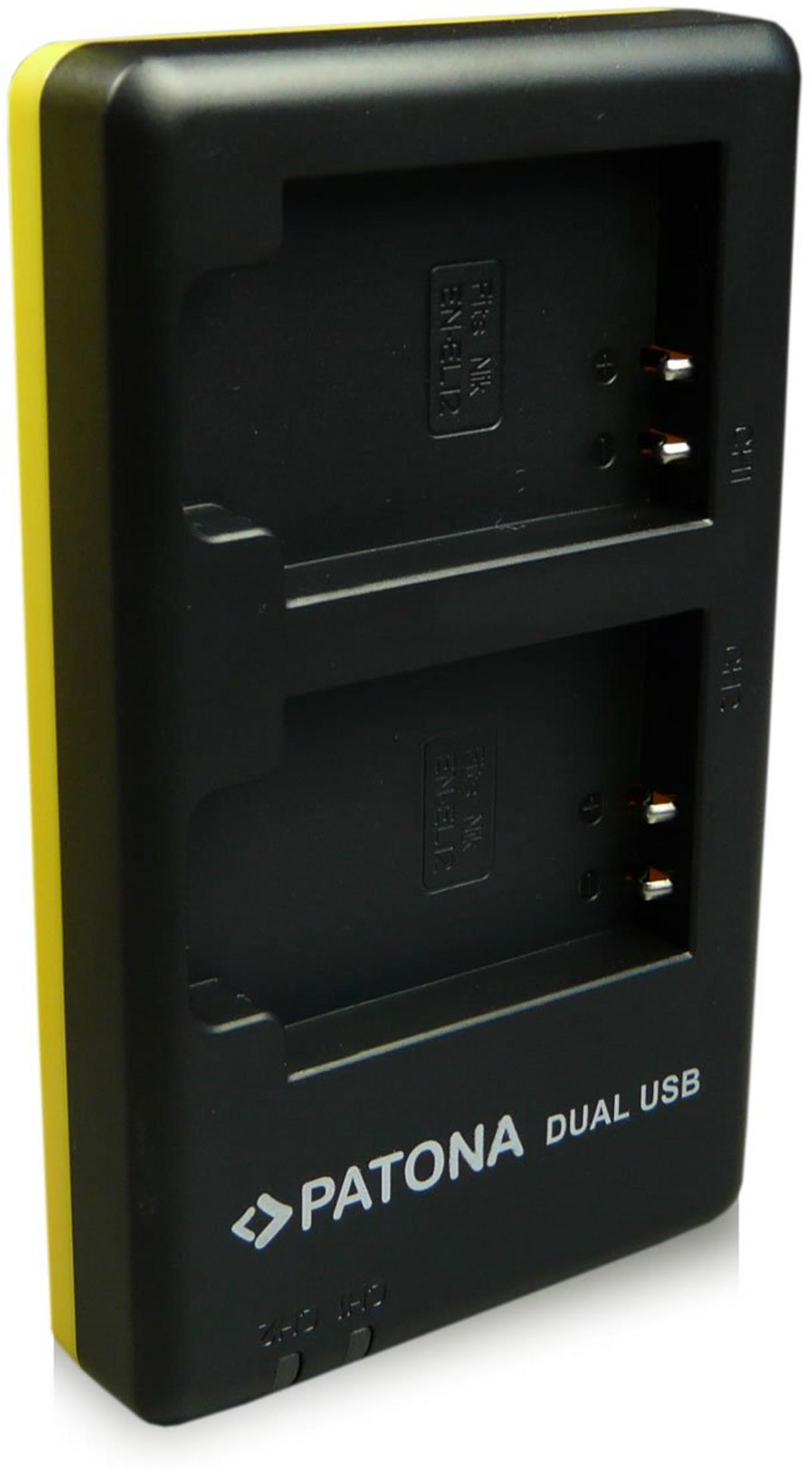 Schwarzes Dual-USB-Ladegerät von Patona mit gelbem Rand. Zwei Steckplätze.