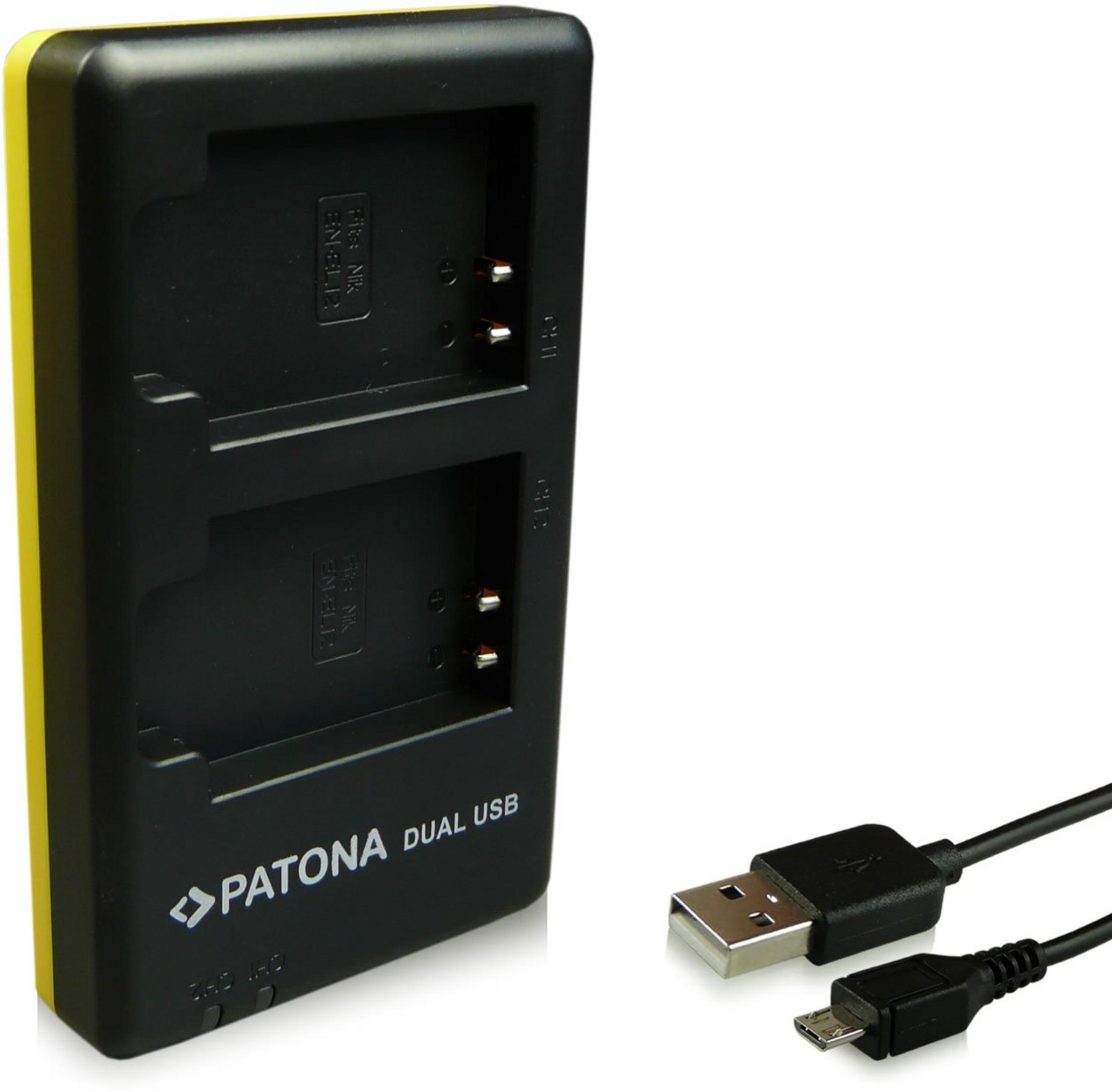 Ein schwarzes PATONA Dual USB Ladegerät mit gelbem Rand und zwei USB-Kabeln.