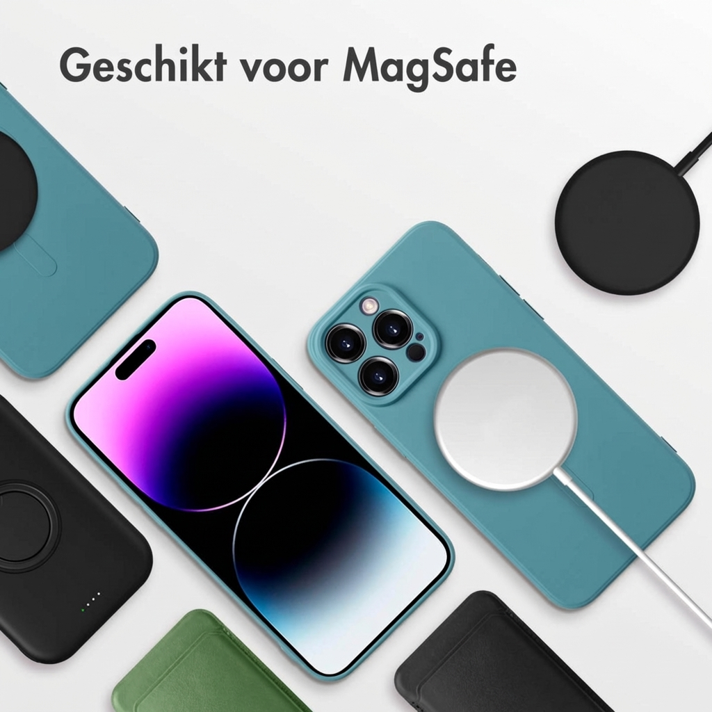 Un iPhone avec chargeur MagSafe et étuis bleus, verts et noirs.